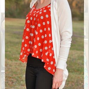 Asymmetrical Orange and White polka dot flowy spaghetti strap tank top M and L